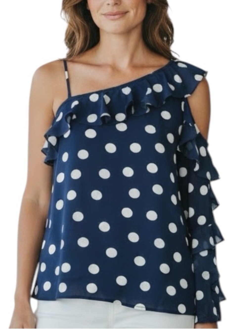NWT VINCE CAMUTO Asymmetrical Polka Dot Ruffle Blouse Size Medium
